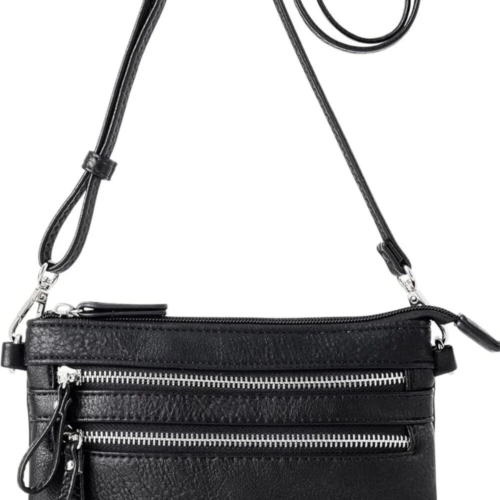 Vegan Faux Leather Mini Crossbody Handbag with Zipper Pockets and Tassel